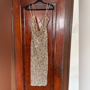 Fashion Nova Gold Sequin Strapless Slip Dress with Crisscross Back Straps